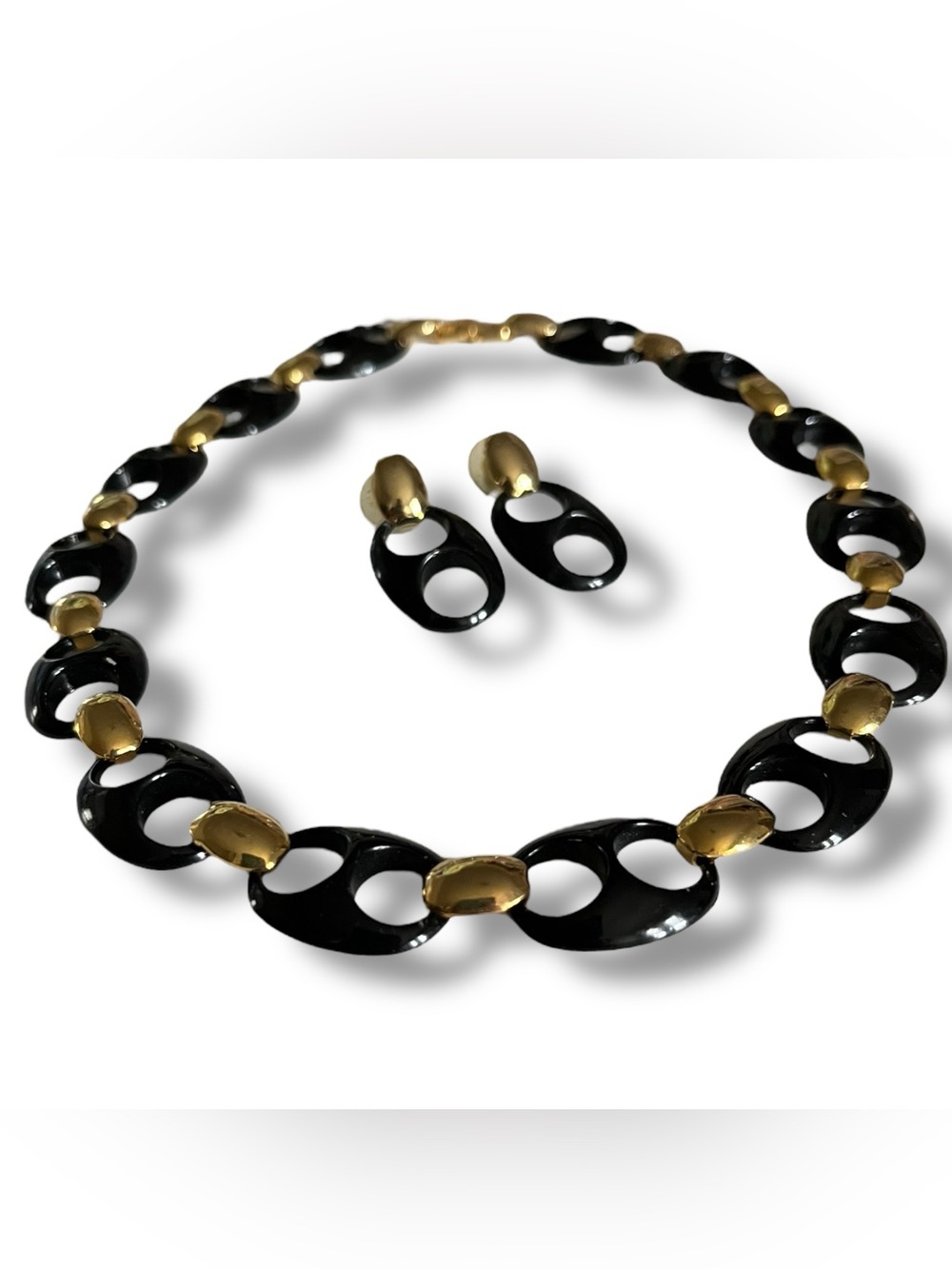 Vintage 1980s Black Resin Marina Link Collar Necklace & Earring Set Bold Gold
